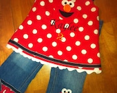 Red and White Polka dot ELMO top and ruffled jeans