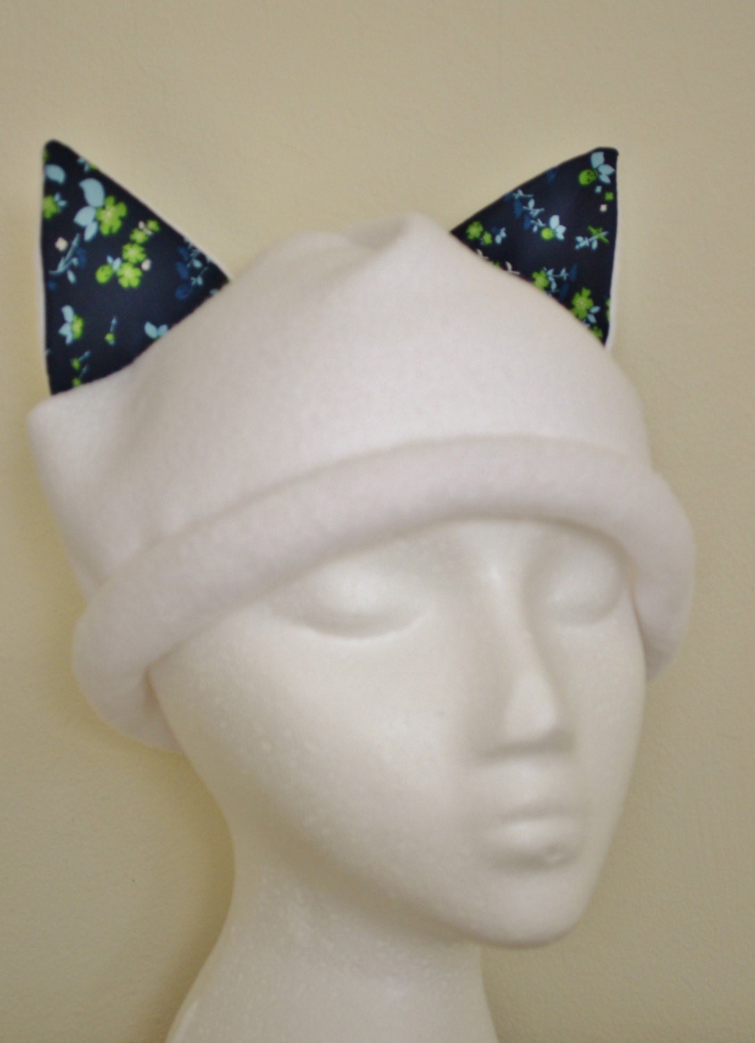 White Fleece Cat Ear Hat With Navy Blue Ears