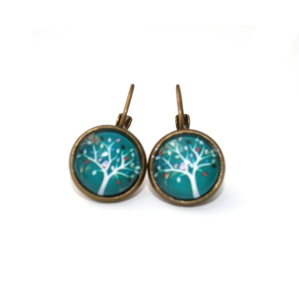 Teal Tree Earrings, Tree Illustration, Dangle Earrings