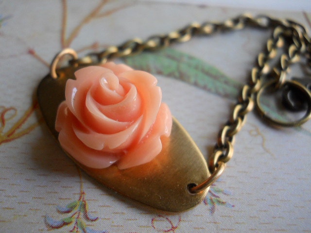 Rose Charm Bracelet Brass Metal Tag with Carved Resin Rose on Plated Brass Chain Coral Peach