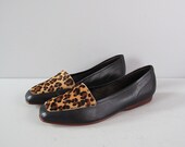 vintage black leather LEOPARD print deadstock flats 6