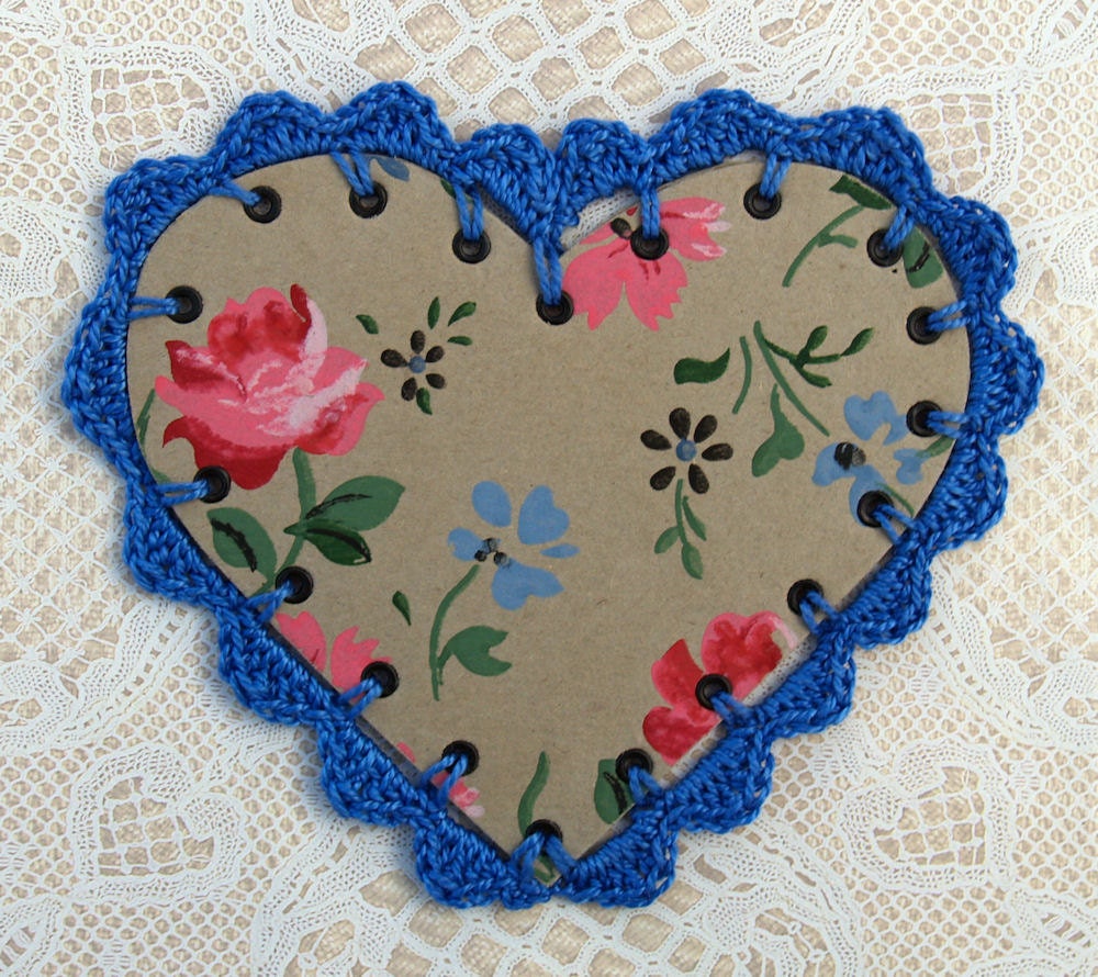 Mothers Day or Birthday Card - Heart Shape Vintage Wallpaper and Hand Crochet Edge With Decorative Label  Card