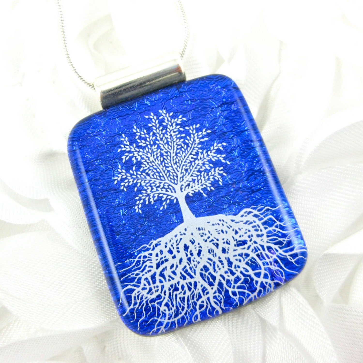 Cobalt Blue Dichroic Glass Tree of Life Necklace