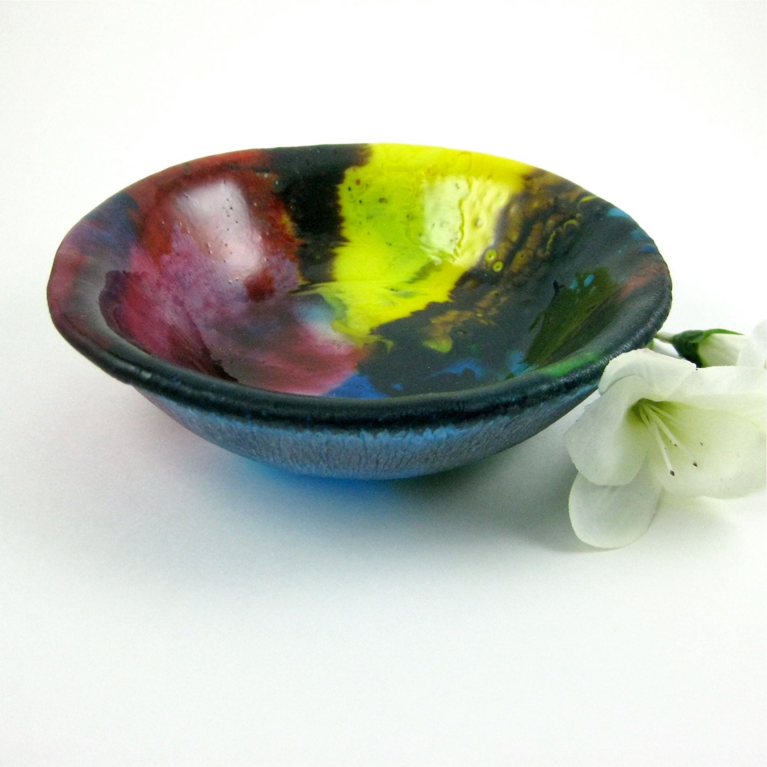 Fused Glass Bowl Red Yellow and Blue Free Formed Pot Melt Bowl