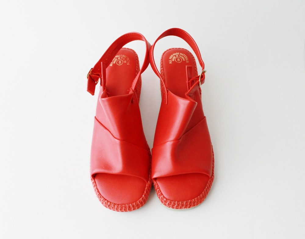 NOS 1970's Scarlet Red Slingback Beach Wedges Sandals