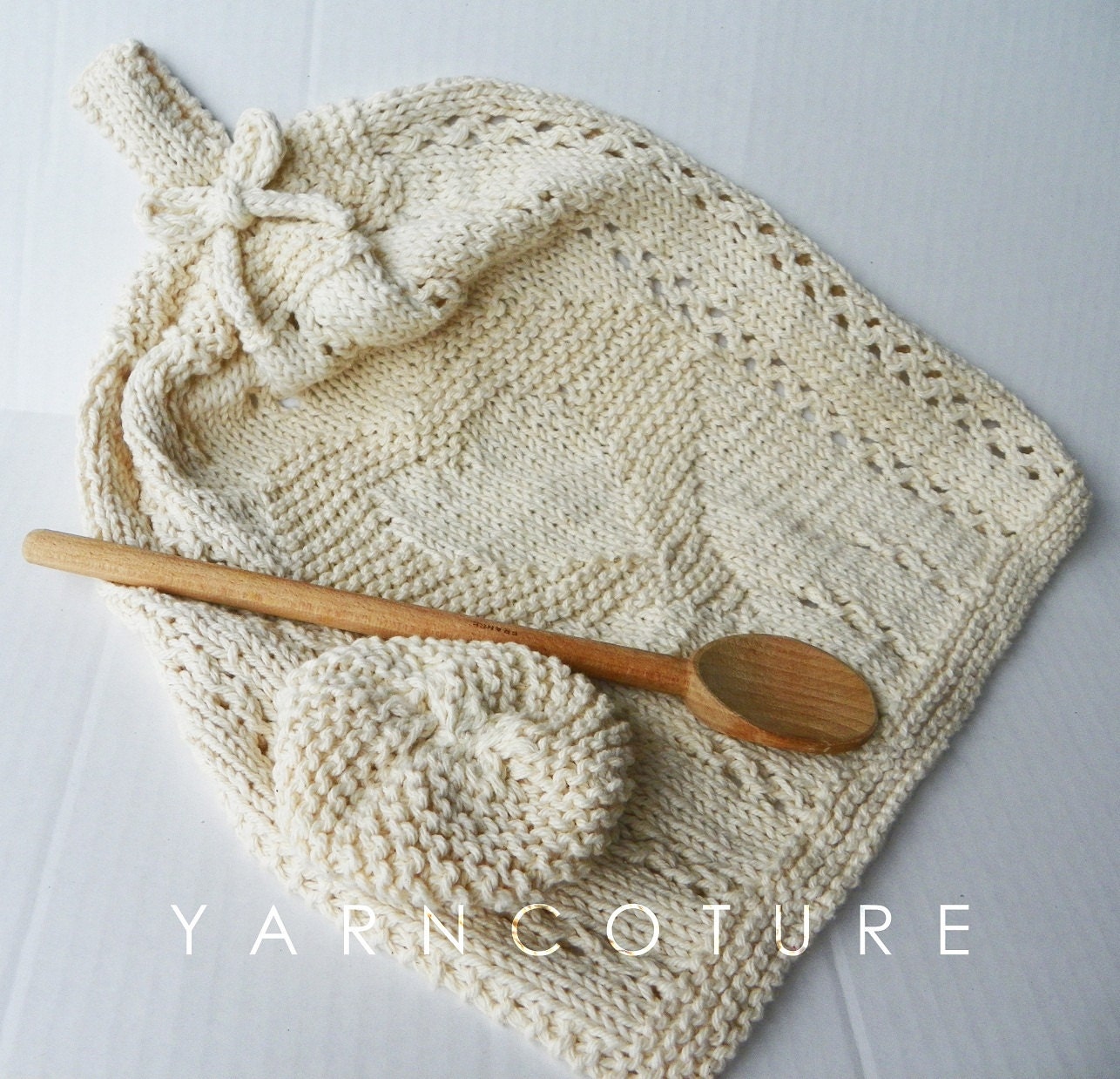 Two Hearts In One Dishtowel Set - Hand Knit Dish Towel, Dish Cloth And Scrubbie Set / In Ecru - Natural