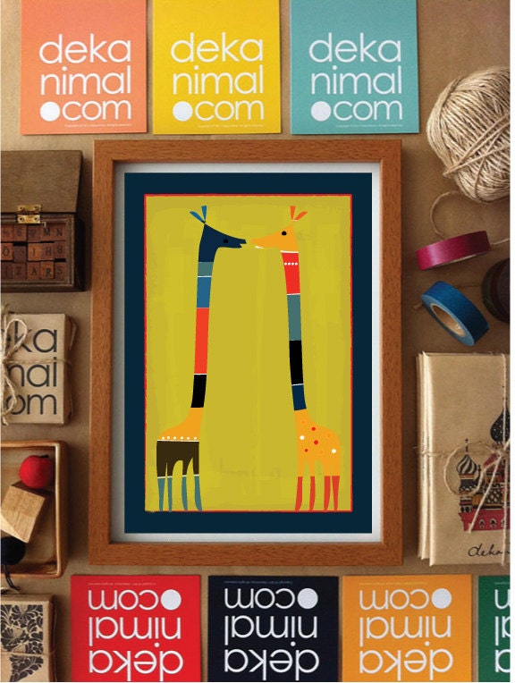 Giraffes in LOVE Colorful illustration Wedding Birthday Anniversary Gift Wall art Children Decor