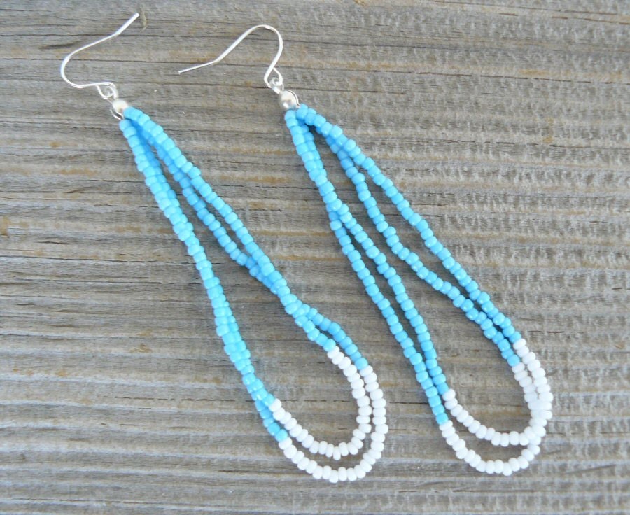 Turquoise Bead Earrings Aqua and White Long Dangles Southwestern Jewelry Bohemian Style Boho Beaded Loops
