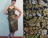 Vintage 50s Bird Brocade Metallic Gold Woven Va Va Voom - Lame Marilyn Halter Peplum Bombshell Wiggle WOW