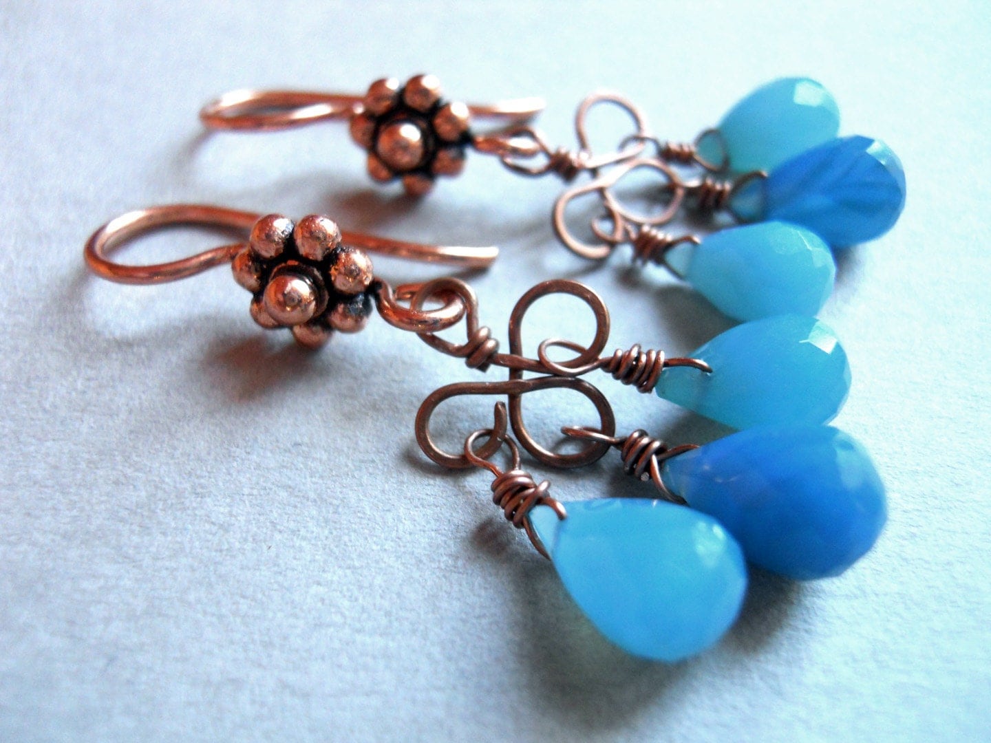 Blue chalcedony on copper chandelier earrings - Mixed Blues - $35.00 USD