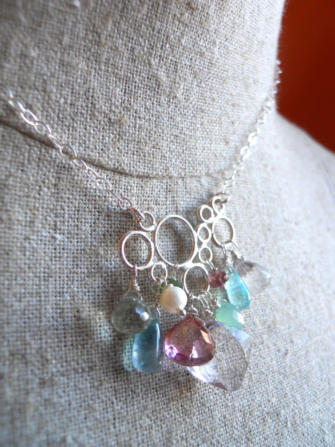 Pink and green bubble necklace with chrysoprase, fluorite, pearl, mystic quartz - $95.00 USD