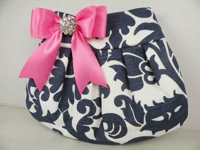 Pleated Clutch  Evening Bag  Purse  Wedding  Bridesmaid  AMSTERDAM  Navy and White with Hot Pink Satin Bow and Crystal
