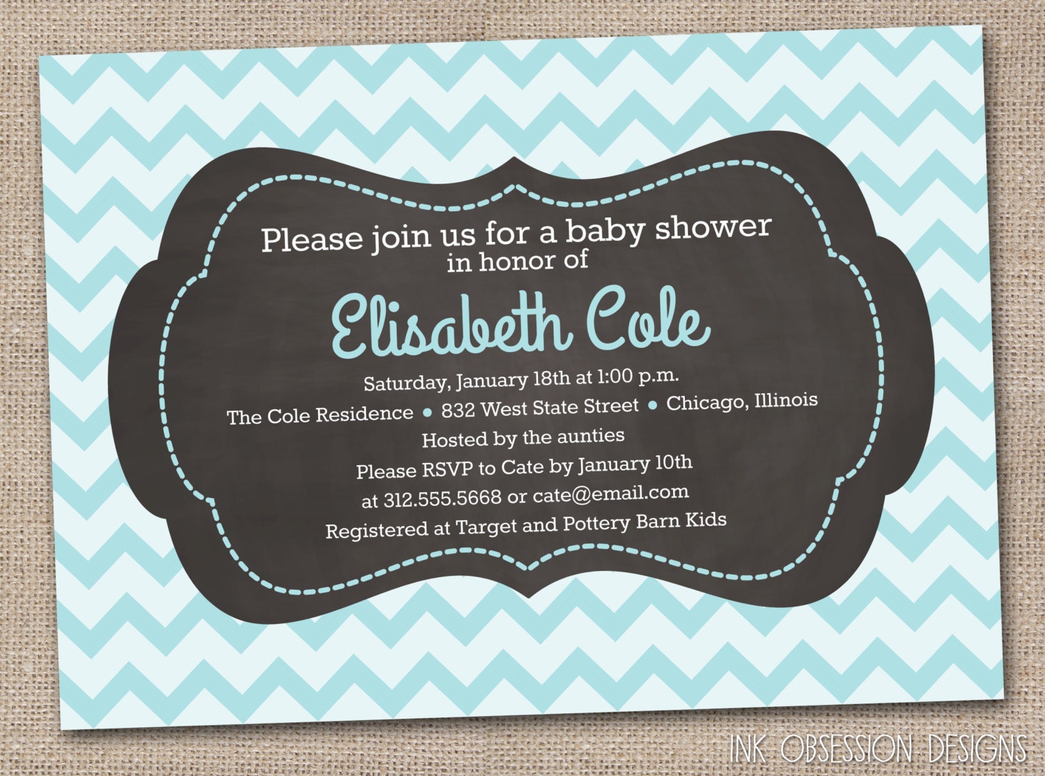 Printable Baby Shower Invitation Blue Chevron Stripes & Chalkboard Tag Digital Design