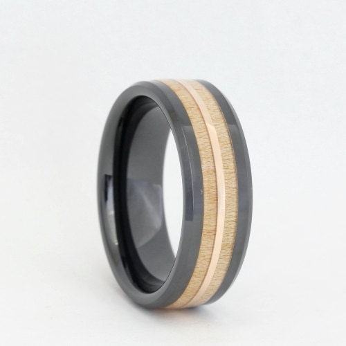 Black Tungsten Ring inlaid with Maple Wood and a Copper pinstripe