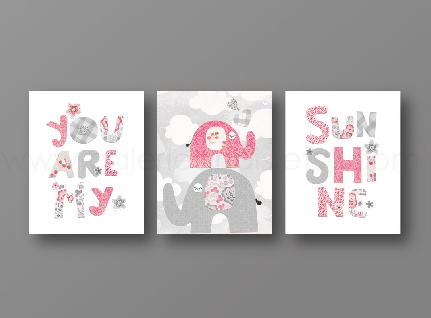 Nursery art, baby nursery decor, nursery wall, Kids art, kids decor, bird, pink, gray, words, Set of 3, 8x10 Prints - You Are My Sunshine