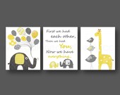 Nursery art print, baby nursery decor, Kids art, yellow, gray, elephant, giraffe, bird, First we had each other Set of three 8x10 prints
