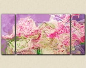 Floral abstract expressionism triptych giclee canvas print, 30x60 gallery wrap in pink flambé and purple, from abstract painting "Oh La La"