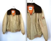 vintage 1970s Sears Work Leisure jacket. Men's Large. Tan, brown, orange flight style. Retro / the Hipster's Hot Dog jacket