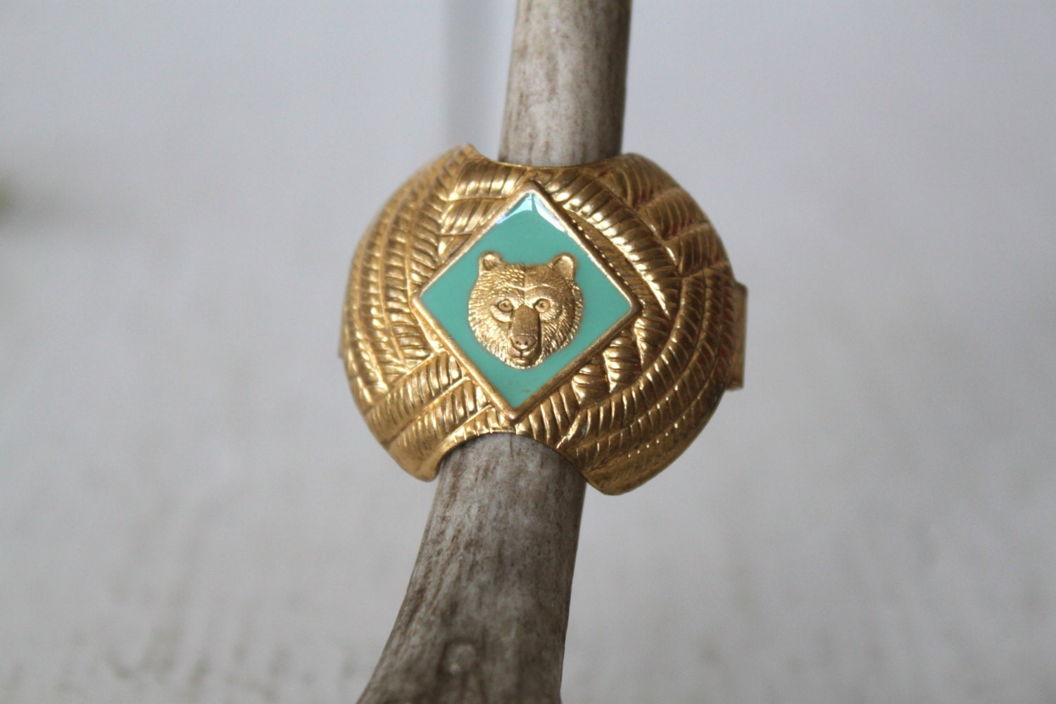 vintage Boy Scouts Bear neckerchief slide. Brass and green bear BSA uniform clip. 60s 70s. Rustic woodland / the SMORES boy scout pin