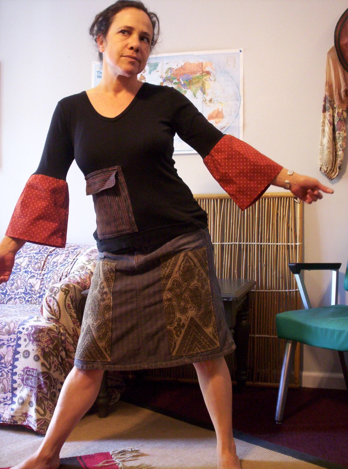 BLACK BELL SLEEVE Top with Guatemala Pocket Hippie Festival Upcycled