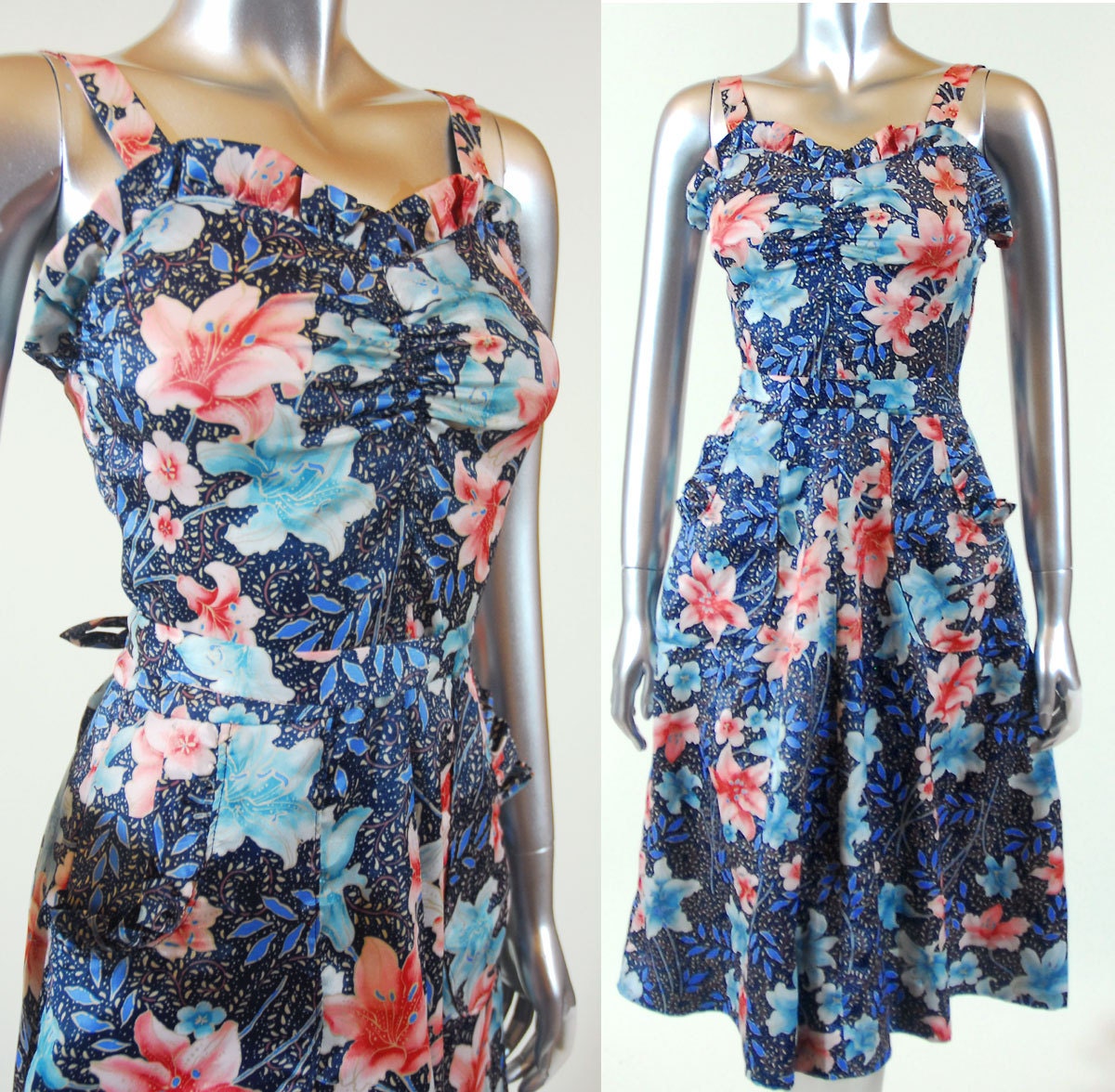 Vintage 1980s Blue Floral Sweetheart Dress XS SM