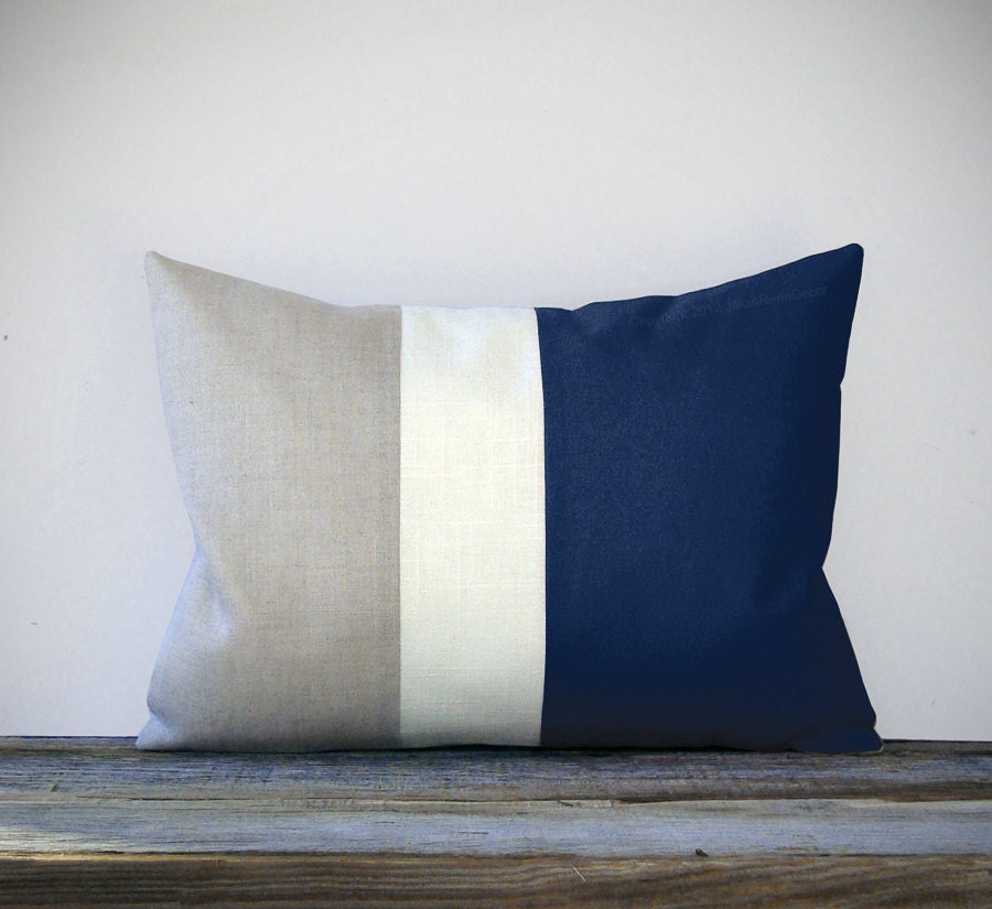 Navy Blue Color Block Decorative Pillow with Cream and Natural Linen Stripes by JillianReneDecor Spring Home Decor Striped Nautical - JillianReneDecor
