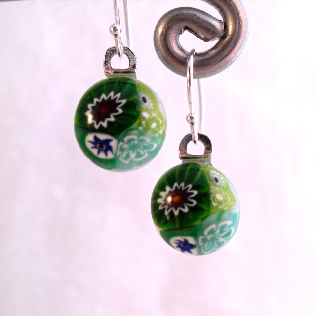 Millefiori Fused Glass Earrings Artisan Handcrafted Jewelry Grassy Meadow