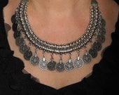 Silver oriental necklace, statement necklace, silver dangle ethnic gypsy bib necklace,  bohemian jewelry