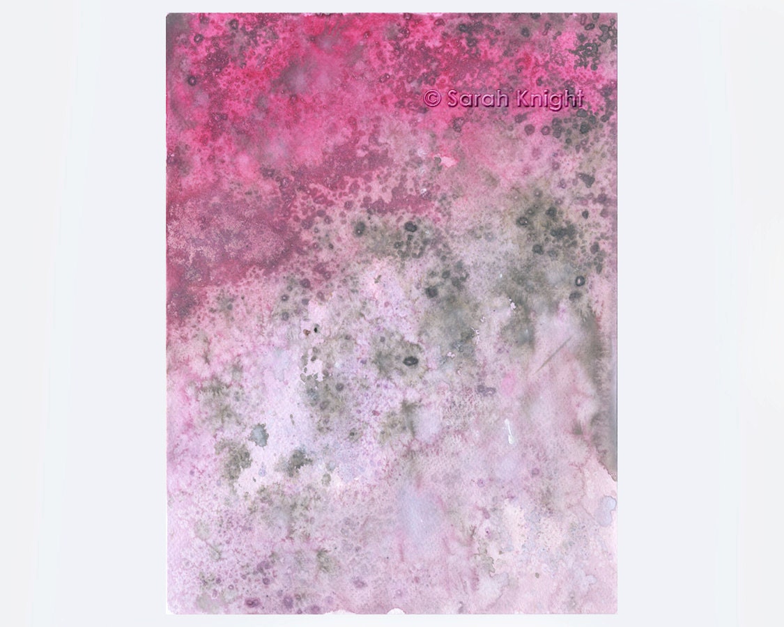 strawberry rain over fog, an original abstract watercolor painting by Sarah Knight, pink gray grey white color