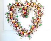 Kitchen heart  wreath -  red, pink, cream, yellow -  Spring front door decor