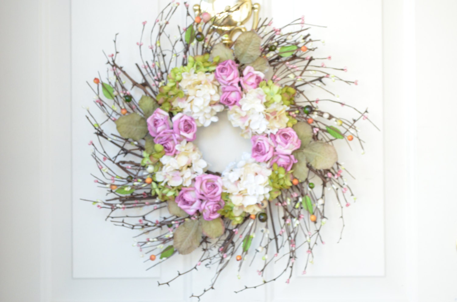 Spring Door Wreath - Light Pink Roses and Hydrangea with Pip Berries - Front Door Decor
