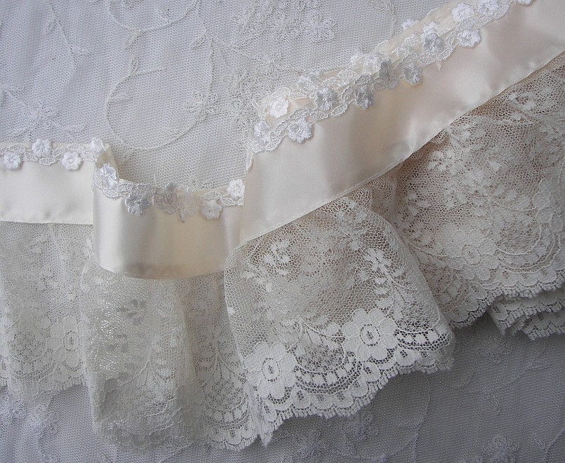 5 inch Vintage Like Cream Ivory Ruffled Tulle Embroidered Floral Christening Lace w Satin Ribbon Trim Antique Doll Baby Clothing