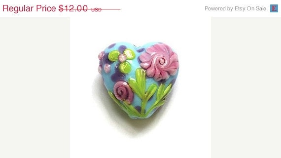 ON SALE 30% OFF Blue w/ Pink Flower Heart Focal Bead - Handmade Glass Lampwork Bead - 11811405