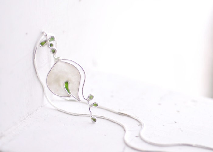 Lily of the Valley Necklace in Sterling Silver, Bridal Wedding Anniversary Gift,  Paper Artisan Jewelry, Pale Snow White Jade Green...