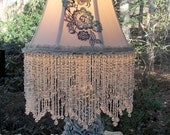Vintage Pale Blue Roses Lamp with Handmade Embellished Shade
