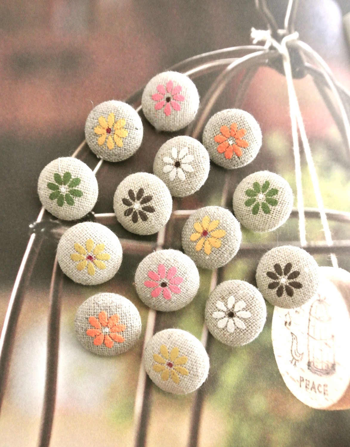 Handmade Fabric Buttons - Small Pink Green Brown White Yellow Beige Flowers Fabric Covered Buttons 0.75 Inch 14's