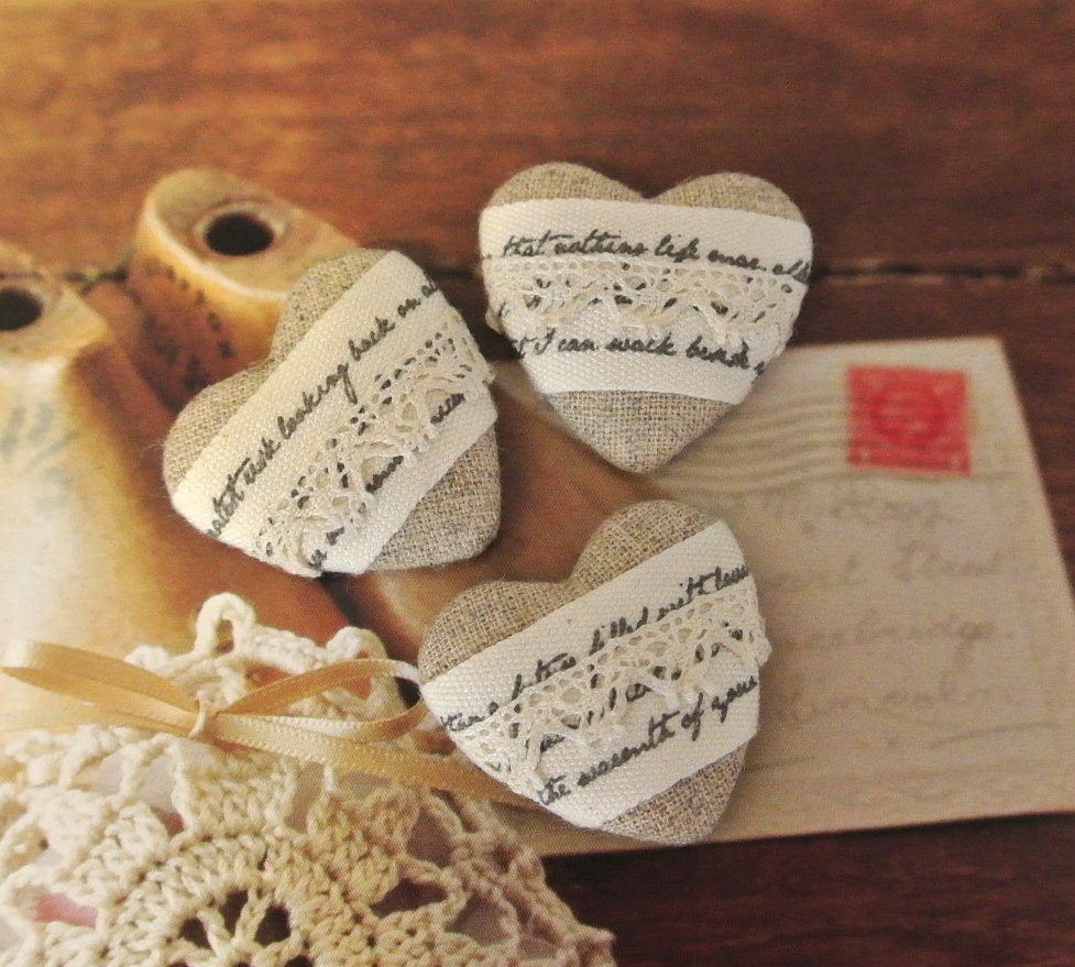 Handmade Flat Back Fabric Buttons - Shabby Beige Cream Script Lace Heart Shape Flatbacks Buttons 1.25 Inch 3's