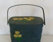 Memorial Day Sale Vintage wicker basket handbag or purse hand painted green with yellow daisies handle