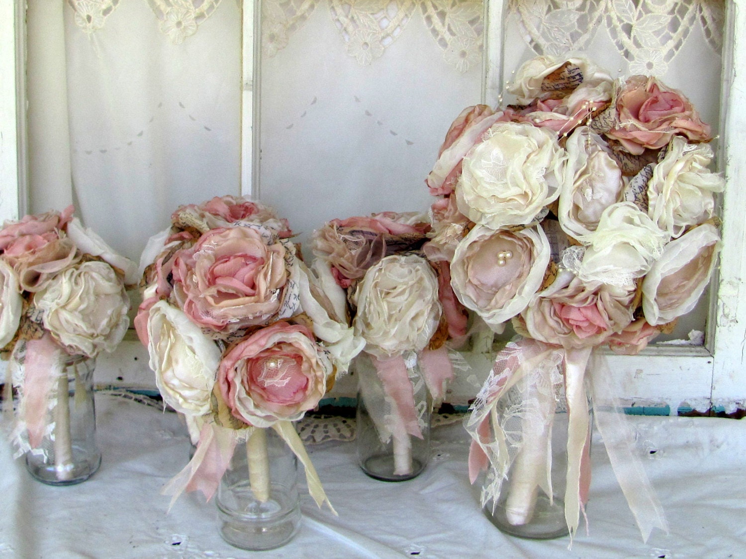Bridal  Bouquet Package with 4 Bridesmaids bouquets  Vintage Inspired  Custom Order any color