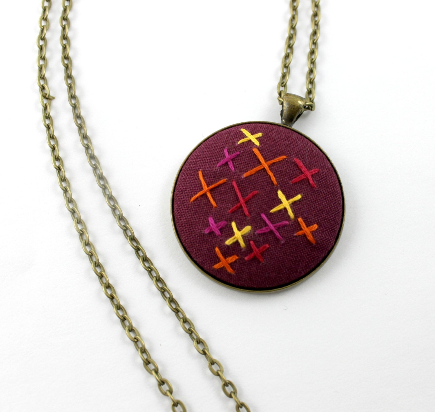 Embroidered Necklace Stitched Cross Stitch Red Orange Yellow Pendant Summer