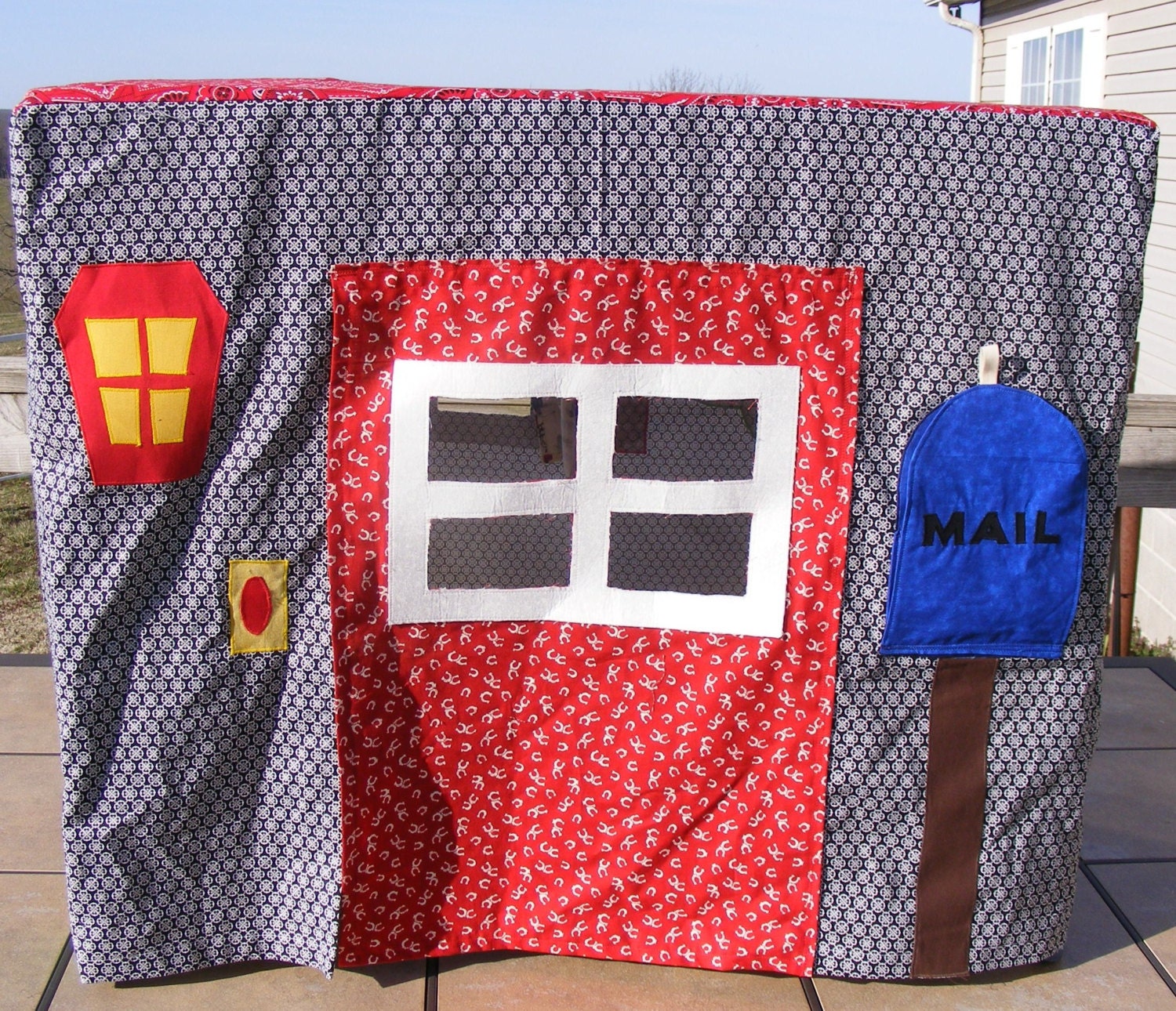 Western Cowboys Simple Style Pretend Playhouse fits over card table--Red Horses and bandanna print house--machine washable