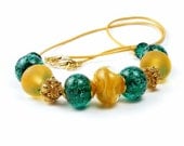 Emerald Green Necklace, OOAK Handmade Gold Vermeil & Leather Necklace, Lampwork Glass Beaded Jewelry