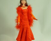 OOAK Orange Barbie Evening Dress with matching Shawl, Crochet Fur Boa, Wristlets, and Jewelry