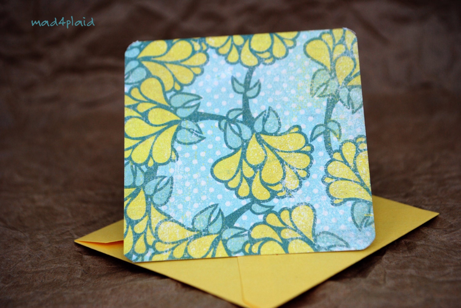Blank Mini Card Set of 10, Cheery Floral with Contrasting Stripe on the Inside, Bright Yellow Envelopes, mad4plaid