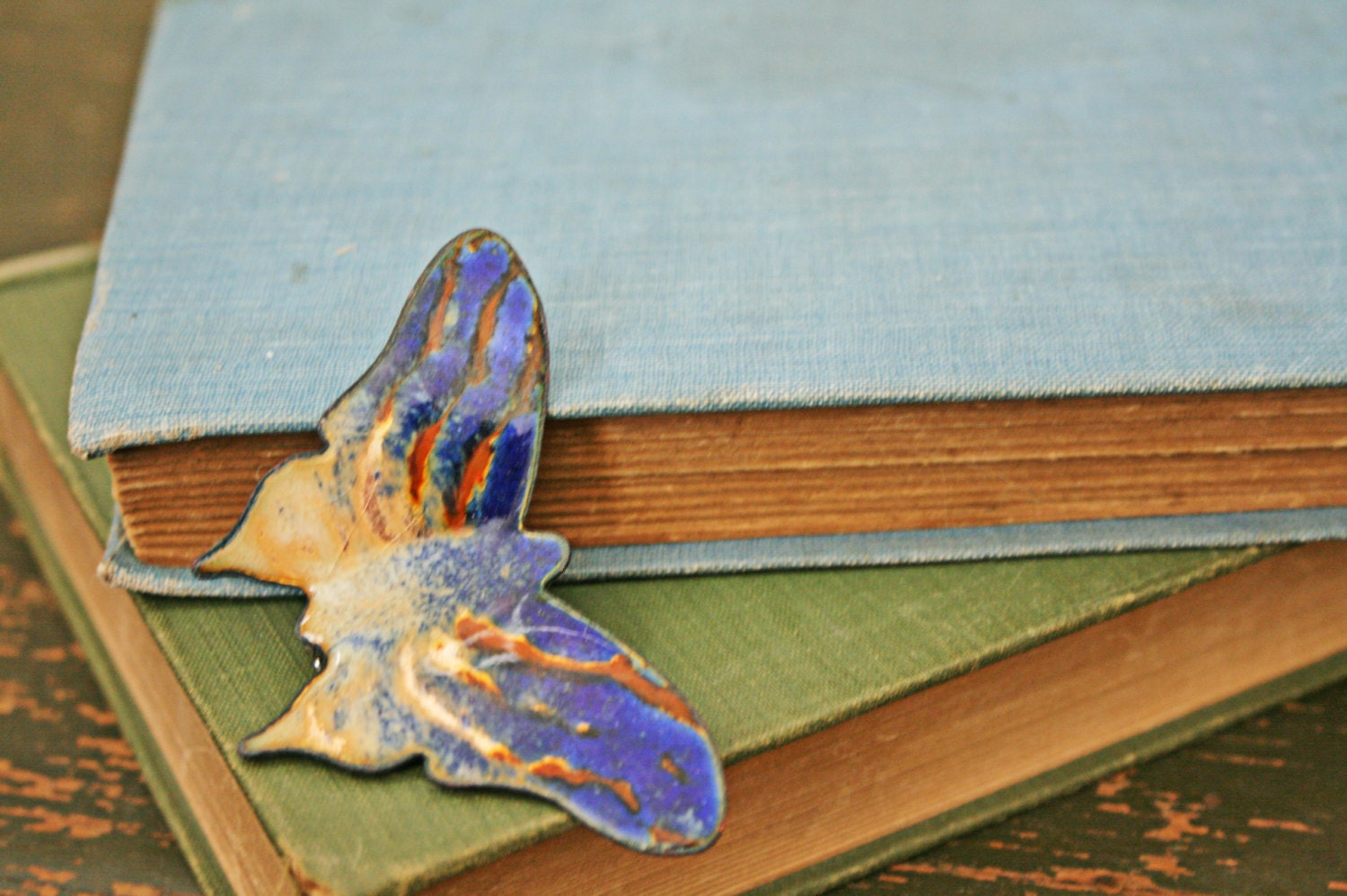 vintage 70s Cobalt Blue and Orange Enamel on Copper Butterfly Brooch
