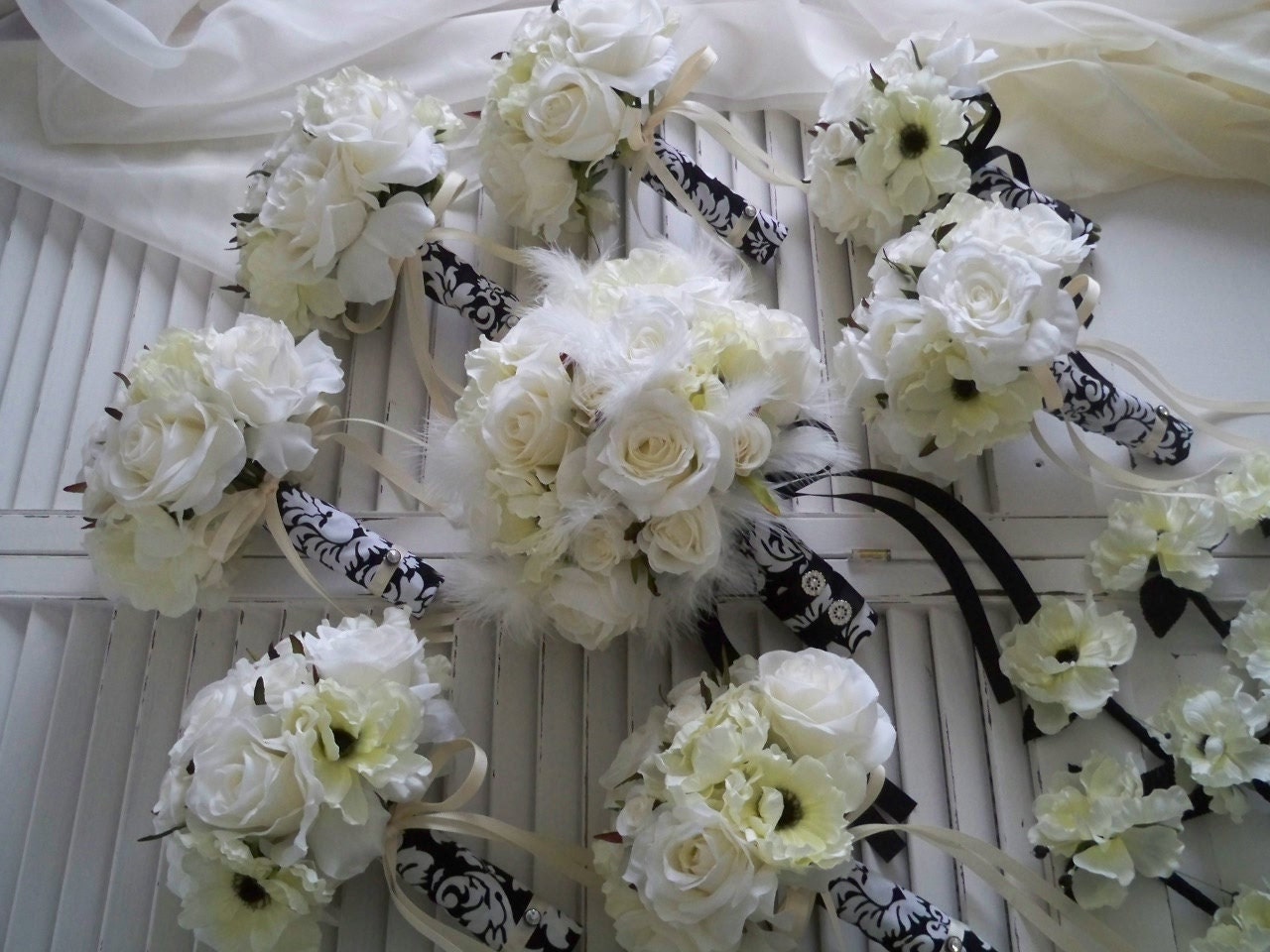 19 Piece Set Silk Ivory Anemones and White Realtouch Rose and Damask Bridal bouquet Package