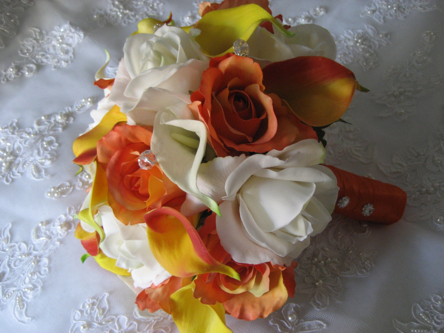 Yellow Realtouch Calla Lilies and White realtouch Open Rose Bridal Summertime Fall Beach Wedding Boutonniere Bouquet Set