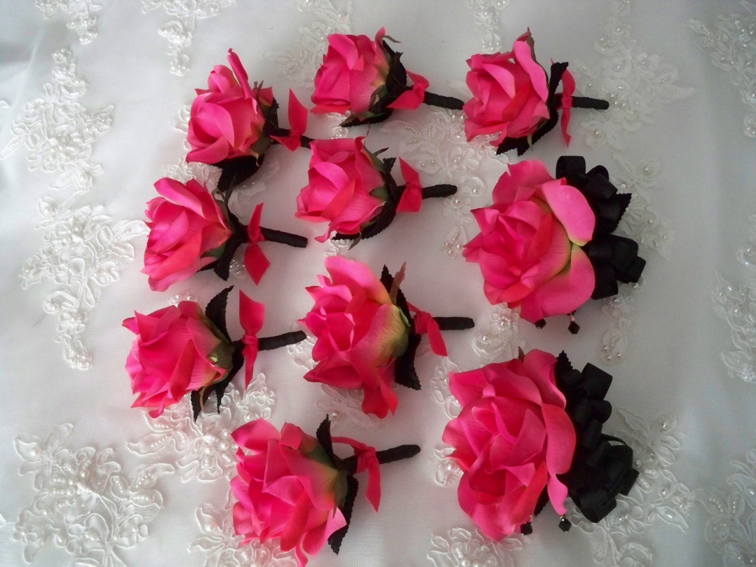 Silk Wedding Bouquet of Hot Pink Florals Wrapped in Black Bridal and Bridesmaids Bouquet Set