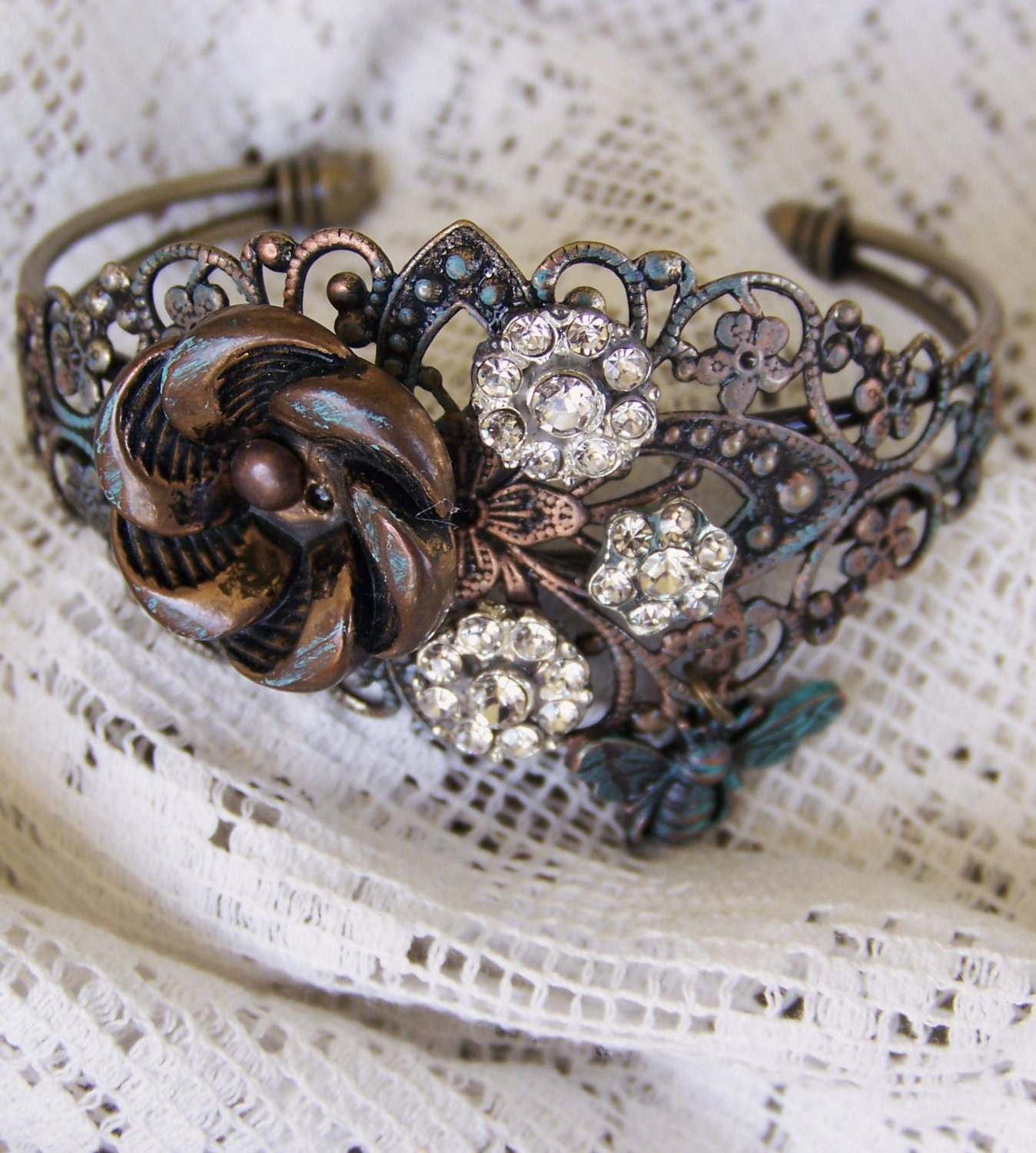 Bee Bracelet Filigree Cuff Bracelet Rhinestone Bracelet Vintage Button Bracelet Slip On Ornate Bracelet Vintage Jewelry