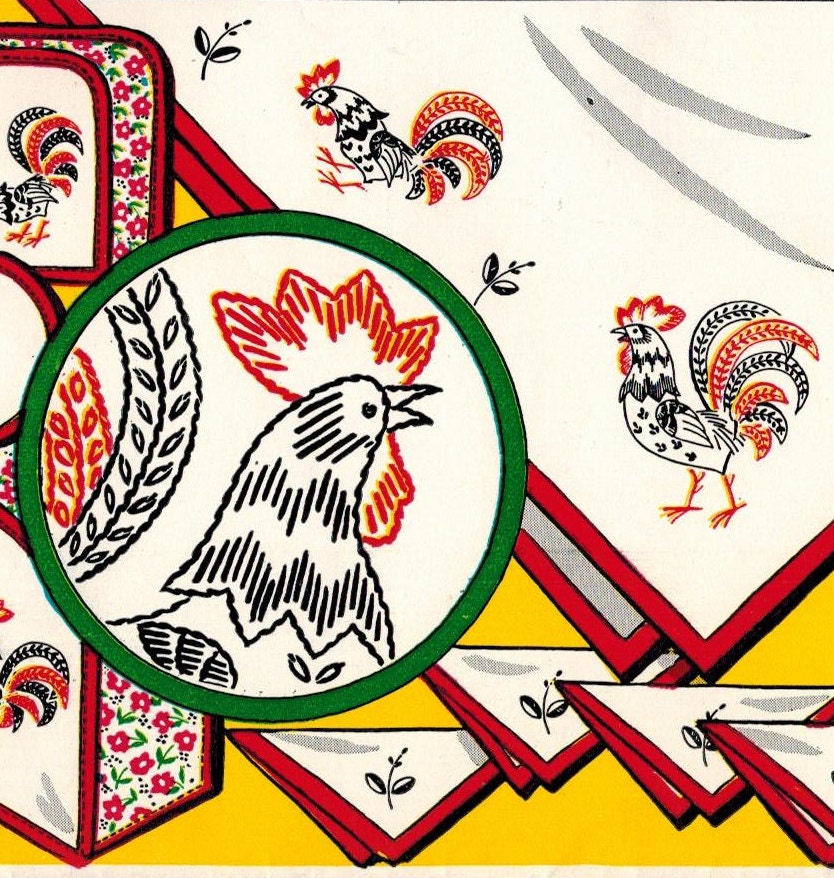 1950s Vogart 283 UNCUT Vintage  Embroidery Transfer Pattern Rooster Motifs for Linens & Kitchen